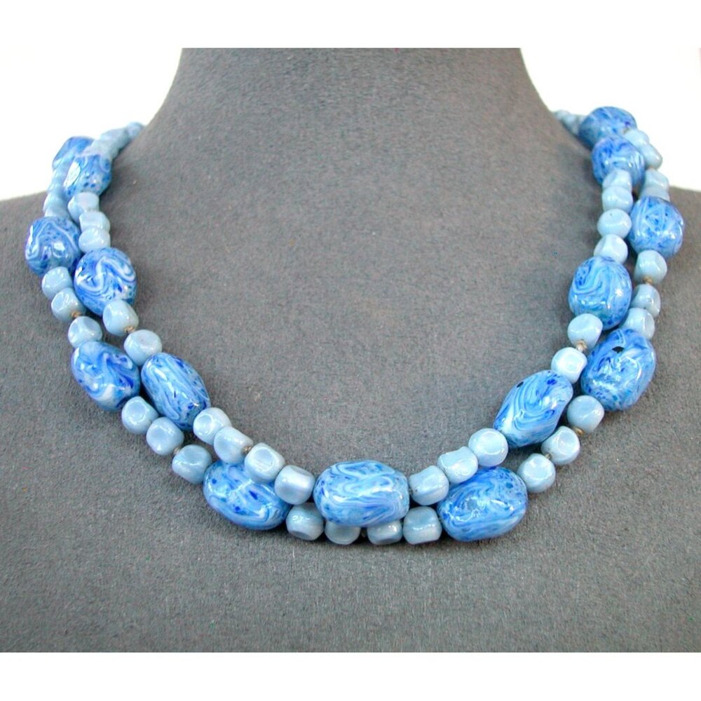 Double Strand Blue Swirled Glass Bead Necklace /Metal Hook Clasp